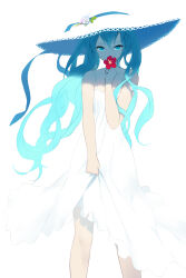 Rule 34 | 1girl, aqua hair, blue eyes, cait aron, commentary, dress, flower, hat, hatsune miku, highres, holding, holding flower, long hair, looking at viewer, miku day, simple background, sleeveless, sleeveless dress, solo, standing, straw hat, sundress, twintails, vocaloid, white background, white dress, white hat