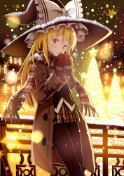 Rule 34 | 1girl, alternate costume, blonde hair, blurry, bokeh, bow, cityscape, depth of field, feet out of frame, givuchoko, hat, highres, kirisame marisa, long hair, night, pantyhose, plaid, plaid scarf, red scarf, scarf, skirt, snowing, solo, touhou, winter clothes, witch hat