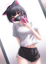 Rule 34 | 1girl, absurdres, animal ears, arm behind back, black hair, black mask, black shorts, blue archive, breasts, cat ears, cellphone, dolphin shorts, halo, highres, holding, holding phone, kazusa (blue archive), looking at viewer, mask, medium breasts, midriff peek, mouth mask, navel, phone, red eyes, shira jun, shirt, short hair, shorts, sitting, smartphone, solo, standing, white shirt