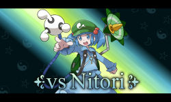 Rule 34 | 1girl, backpack, bag, blue eyes, blue hair, character name, clemont (pokemon), creatures (company), crescent, dress, english text, game freak, hacko, hair bobbles, hair ornament, hat, kawashiro nitori, key, letterboxed, nintendo, open mouth, parody, pointing, pokemon, pokemon xy, smile, solo, star (symbol), style parody, touhou, twintails, two side up, yin yang