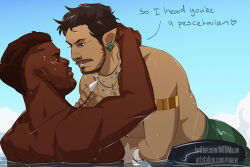 Rule 34 | 2boys, bara, beard, beard stubble, black panther: wakanda forever, blush, character request, couple, dark-skinned male, dark skin, earrings, english text, eye contact, face-to-face, facial hair, full beard, imminent kiss, interracial, jewelry, looking at another, male focus, mature male, mto, multiple boys, mustache, mustache stubble, namor, necklace pull, partially submerged, pectorals, pointy ears, seductive smile, short hair, smile, stubble, thick eyebrows, toned, toned male, topless male, tribal, undercut, very dark skin, wet, yaoi