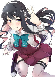 Rule 34 | 1girl, black hair, boots, bow, bowtie, cross-laced footwear, dress, fang, grey thighhighs, hair ribbon, hairband, halterneck, highres, kagari liroi, kantai collection, lace-up boots, long hair, multicolored hair, naganami (kancolle), naganami kai ni (kancolle), pink hair, ribbon, shirt, sleeveless, sleeveless dress, solo, thighhighs, two-tone hair, v, wavy hair, white background, white shirt, yellow eyes