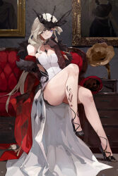 Rule 34 | 1girl, absurdres, bare legs, bare shoulders, black footwear, black gloves, black mask, blonde hair, breasts, cleavage, closed mouth, coat, couch, drawer, dress, elbow gloves, feather boa, fishnet gloves, fishnets, full body, fur-trimmed coat, fur trim, genshin impact, gloves, gong cha, hand up, high heels, highres, indoors, lace-trimmed eyepatch, large breasts, leg up, legs, looking at viewer, mask, mask over one eye, medium breasts, on couch, one eye covered, painting (object), phonograph, purple eyes, red coat, resolution mismatch, signora (genshin impact), sitting, solo, source larger, thighs, white dress