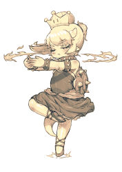 Rule 34 | 1girl, aged down, ballerina, ballet slippers, blush, bowsette, bracelet, breath weapon, breathing fire, brooch, closed eyes, collar, dancing, dress, feral lemma, fingers together, fire, focused, highres, horns, jewelry, leg up, mario (series), new super mario bros. u deluxe, nintendo, pointy ears, ponytail, sepia, shiny clothes, shiny skin, short eyebrows, short hair, solo, spiked bracelet, spiked collar, spiked shell, spikes, spinning, standing, standing on one leg, strapless, strapless dress, super crown, tail