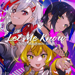 Rule 34 | 3girls, album cover, bare shoulders, black choker, black hair, blonde hair, blue dress, blue hair, choker, cover, denonbu, dress, green eyes, hair between eyes, hair ornament, hairclip, headphones, headphones around neck, houou karin, jacket, lightning, long hair between eyes, long sleeves, looking at viewer, multicolored hair, multiple girls, nail polish, official art, open clothes, open jacket, open mouth, red eyes, red hair, seto mitsuki (denonbu), short hair, sleeves past wrists, smile, streaked hair, suou (sdurorhr), taiga lucia, white hair, yellow eyes, zipper