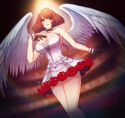 Rule 34 | 1girl, angel wings, anna (illusion connect), bare legs, bare shoulders, black gloves, breasts, brown hair, cleavage, eyebrows hidden by hair, flower, gloves, illusion connect, large breasts, light, looking at viewer, open mouth, raoul (raoul77), red eyes, short hair, skirt, smile, solo, standing, white skirt, white wings, wings