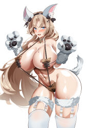Rule 34 | 1girl, absurdres, alternate costume, animal ears, animal hands, ankh man, azur lane, bell, blonde hair, blue eyes, blush, breasts, cat ears, chinese commentary, claw pose, fake animal ears, fake tail, forehead, fur trim, furrowed brow, gloves, hands up, highres, hip bones, huge breasts, kronshtadt (azur lane), long hair, looking at viewer, mole, mole on breast, narrow waist, navel, paw gloves, platinum blonde hair, ribbon trim, shiny skin, skindentation, slingshot swimsuit, solo, stomach, swimsuit, tail, thighhighs, toned, very long hair, white background, white thighhighs, wide hips