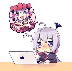 Rule 34 | 10s, 1girl, ahoge, bare shoulders, blush, bow, breast hold, breasts, chibi, cleavage, computer, hair bow, headgear, laptop, large breasts, long hair, low twintails, mouse (computer), necktie, no nose, open mouth, purple eyes, purple hair, school uniform, scribble, senki zesshou symphogear, shiopy, solo, sweatdrop, thought bubble, translated, twintails, wireless mouse, yukine chris