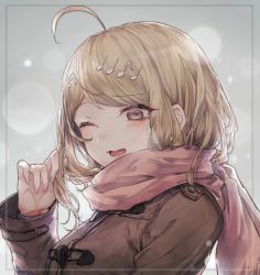 1girl ;d ahoge akamatsu_kaede blonde_hair blush brown_coat coat danganronpa_(series) danganronpa_v3:_killing_harmony fortissimo goto_(sep) grey_background hair_ornament hand_up long_hair long_sleeves looking_at_viewer musical_note musical_note_hair_ornament one_eye_closed open_mouth scarf smile solo upper_body