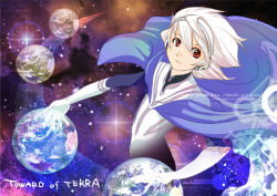 Rule 34 | 1boy, albino, cape, earth (planet), gloves, male focus, red eyes, smile, soldier blue, solo, space, star (symbol), sunameri, toward the terra, white hair