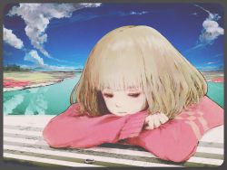 Rule 34 | 1girl, alphabet (alphabetnoon), bad id, bad pixiv id, blonde hair, closed eyes, cloud, day, face, jewelry, ocean, original, outdoors, ring, scenery, short hair, sky, sleeves past wrists, solo