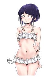 Rule 34 | 1girl, arm at side, arms behind back, artist name, bare shoulders, bikini, bikini skirt, black eyes, blunt bangs, blush, boku no hero academia, closed mouth, collarbone, commentary request, cowboy shot, cropped legs, flat chest, frilled bikini, frills, frown, highres, jirou kyouka, looking at viewer, miniskirt, navel, relaxjon, shiny skin, short hair, simple background, skirt, solo, stomach, swimsuit, white background, white bikini