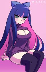 Rule 34 | 1girl, absurdres, black thighhighs, blue bow, blue eyes, blue hair, bow, breasts, cleavage, cleavage cutout, clothing cutout, dress, highres, long hair, looking at viewer, multicolored hair, nail polish, nekiis, panty &amp; stocking with garterbelt, pink hair, purple nails, purple sweater, purple thighhighs, sitting, stocking (psg), sweater, sweater dress, thighhighs, thighs, turtleneck, turtleneck sweater, twitter username, two-tone hair