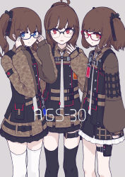 Rule 34 | 3girls, adjusting eyewear, ags-30 (girls&#039; frontline), ahoge, belt, black legwear, blue eyes, brown eyes, brown hair, character name, flat color, girls&#039; frontline, glasses, hair ornament, highres, id card, looking at viewer, military, military operator, military uniform, multiple girls, muted color, open mouth, papaia (quentingqoo), ponytail, pouch, red eyes, side ponytail, simple background, thighhighs, twintails, uniform, white legwear