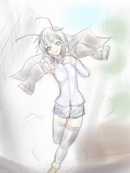 Rule 34 | 1girl, alternate costume, antennae, black thighhighs, blue eyes, boot, brown footwear, coat, denim, denim shorts, green hair, long sleeves, open clothes, open coat, pointing, pointing at viewer, shiogohan, shirt, short hair, shorts, smile, solo, thighhighs, touhou, white shirt, wriggle nightbug