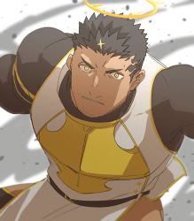 Rule 34 | 1boy, asahi (zabaniyan), bara, beard, belt, black bodysuit, black hair, blurry, blurry background, bodysuit, chest armor, collared shirt, commentary request, facial hair, fighting stance, fire, flaming halo, halo, highres, hip vent, male focus, mature male, muscular, muscular male, open mouth, pectorals, pelvic curtain, shirt, sideburns, smoke, solo, spiked hair, stubble, tokyo houkago summoners, upper body, white background, wide-eyed, yellow eyes, zabaniyya (housamo)