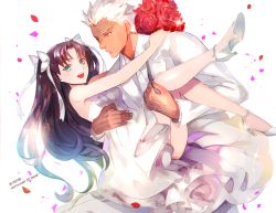 Rule 34 | 1boy, 1girl, archer (fate), astarone, black hair, blue eyes, carrying, dark-skinned male, dark skin, dress, fate/stay night, fate (series), high heels, long hair, long legs, princess carry, simple background, smile, tohsaka rin, twintails, two side up, white hair