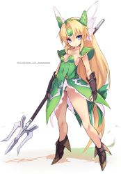 Rule 34 | 1girl, armor, black footwear, blonde hair, boots, breasts, bridal gauntlets, closed mouth, collarbone, commentary request, dress, forehead jewel, frilled dress, frills, full body, green dress, green hairband, groin, hair between eyes, hairband, highres, holding, holding polearm, holding spear, holding weapon, karukan (monjya), long hair, looking at viewer, parted bangs, pauldrons, polearm, purple eyes, riesz, seiken densetsu, seiken densetsu 3, shadow, shoulder armor, small breasts, solo, spear, standing, strapless, strapless dress, very long hair, weapon, white background