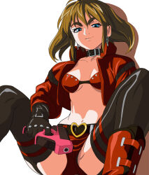 Rule 34 | 1girl, armitage iii, belt, black thighhighs, blonde hair, blue eyes, breasts, choker, closed mouth, collarbone, earrings, garter straps, gloves, gun, haruyama kazunori, jacket, jewelry, looking at viewer, medium breasts, naomi armitage, navel, short hair, shorts, simple background, smile, solo, thick eyebrows, thighhighs, weapon, white background