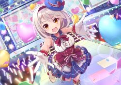 Rule 34 | 1girl, absurdres, balloon, boots, character request, dress, gloves, glowstick, grey hair, hat, heart balloon, highres, idol, indie virtual youtuber, looking at viewer, neck ribbon, open mouth, orange eyes, outstretched arms, ribbon, sleeveless, sleeveless dress, smile, stage, standing, standing on one leg, top hat, underbust, virtual youtuber, yodakeke