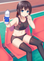 Rule 34 | 1girl, bare arms, bare shoulders, black bra, black buruma, blue eyes, blush, bottle, bra, brown hair, brown thighhighs, buruma, closed mouth, collarbone, commentary request, feet out of frame, hair ribbon, hands up, holding, holding bottle, long hair, looking at viewer, navel, original, pocari sweat, red ribbon, ribbon, sidelocks, sitting, smile, solo, sports bra, sweat, thighhighs, tukino neru, underwear, water bottle