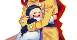 Rule 34 | &gt; &lt;, 2boys, black gloves, black hair, buttons, cape, die (f mega), dr. hedo, dragon ball, dragon ball super, dragon ball super super hero, gamma 1, gloves, hug, jacket, lab coat, male focus, multiple boys, open mouth, red cape, simple background, smile, white background, yellow jacket