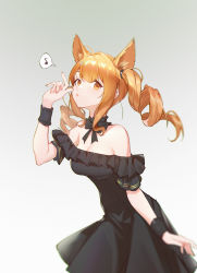 Rule 34 | 1girl, absurdres, alche (benruce), ambience synesthesia, angelina (arknights), animal ears, arknights, bare shoulders, black collar, black dress, breasts, brown eyes, brown hair, cleavage, collar, commentary, cowboy shot, detached collar, dress, drill hair, eighth note, fox ears, gradient background, grey background, hand up, highres, long hair, looking at viewer, musical note, off-shoulder dress, off shoulder, official alternate costume, short sleeves, solo, spoken musical note, twin drills, twintails