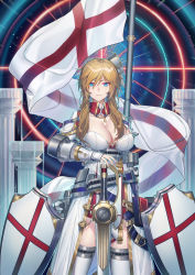 Rule 34 | banner, blonde hair, blue eyes, breasts, cleavage, cowboy shot, echj, english flag, eyebrows, gauntlets, highres, holding, holding weapon, large breasts, looking at viewer, pillar, saint george (warship girls r), shield, smile, solo, sword, thighhighs, warship girls r, weapon, white thighhighs