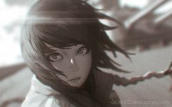 Rule 34 | 1girl, battleship, blurry, blurry background, braid, cannon, chromatic aberration, closed mouth, depth of field, deviantart username, film grain, floating hair, guweiz, highres, long hair, looking at viewer, military, military vehicle, monochrome, portrait, ship, solo, warship, watercraft, world of warships