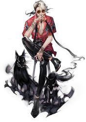 Rule 34 | 1boy, abs, arm tattoo, belt, black belt, black hair, black nails, black pants, black sclera, black socks, bracelet, brown-tinted eyewear, chain, colored sclera, dog, dress shoes, full body, hand tattoo, highres, jewelry, looking at viewer, male focus, multicolored hair, multiple rings, official art, open clothes, open shirt, pants, parted lips, pavia (reverse:1999), pink-tinted eyewear, red shirt, reverse:1999, ring, shirt, sitting, smile, smoke, socks, solo, stool, streaked hair, tachi-e, tattoo, third-party source, tinted eyewear, transparent background, white-framed eyewear, white hair