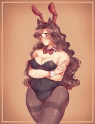 Rule 34 | 1girl, animal ears, arm hair, bare shoulders, belly, black pantyhose, blush, bow, bowtie, breasts, brown hair, commentary, covered navel, covering privates, curvy, detached collar, flying sweatdrops, frown, highres, imaizumi kagerou, leotard, long hair, medium breasts, nervous, orz (kagewaka), pantyhose, playboy bunny, plump, rabbit ears, red eyes, shy, solo, sweat, thick eyebrows, thick thighs, thighs, touhou, very long hair, wavy hair, wolf ears, wrist cuffs