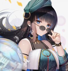 Rule 34 | 1girl, absurdres, bare shoulders, beret, black hair, blue hair, breasts, colored inner hair, eyeliner, fate/grand order, fate (series), green hat, green jacket, grey eyes, hat, heatia, highres, jacket, jewelry, long hair, looking at viewer, makeup, multicolored hair, neck ring, o-ring, off shoulder, round eyewear, sidelocks, small breasts, solo, sunglasses, tenochtitlan (fate), tenochtitlan (second ascension) (fate), wavy hair, zipper