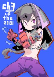 Rule 34 | 1girl, absurdres, android, blue background, female focus, fighting stance, gloves, grey hair, head scarf, highres, long hair, looking at viewer, navel, original, pants, purple eyes, purple pants, serious, simple background, solo, strapless, tube top, v-shaped eyebrows, watasi ch3, wire, zipper