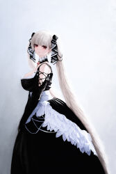 Rule 34 | 1girl, absurdres, azur lane, bare shoulders, black dress, breasts, dress, earrings, feather dress, formidable (azur lane), frilled dress, frills, from side, grey hair, highres, jewelry, large breasts, long dress, long hair, long sleeves, looking at viewer, looking to the side, red eyes, simple background, solo, twintails, two-tone dress, two-tone ribbon, v arms, very long hair, wjy1347193