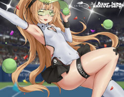Rule 34 | 1girl, ;d, absurdres, armpits, azur lane, bache (azur lane), bache (showy sports star) (azur lane), ball, bare shoulders, blonde hair, blurry, blush, breasts, cleavage cutout, clothing cutout, covered navel, depth of field, detached sleeves, diffraction spikes, fang, goggles, goggles on head, green-tinted eyewear, green eyes, hand up, heart cutout, highres, holding, holding ball, leotard, long hair, looking at viewer, one eye closed, open mouth, outstretched arm, ponytail, purple eyes, qianqiu wanxia, side cutout, single thighhigh, skindentation, small breasts, smile, solo, sportswear, stadium, tennis ball, tennis court, tennis dress, tennis uniform, thigh strap, thighhighs, thighs, tinted eyewear, twintails, very long hair, visor cap, white leotard, white thighhighs