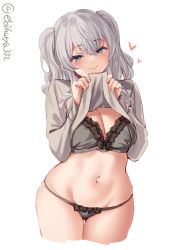 Rule 34 | 1girl, black bra, black panties, blue eyes, bra, breasts, clothes lift, cowboy shot, ebifurya, frilled bra, frills, heart, highres, kantai collection, kashima (kancolle), large breasts, navel, one-hour drawing challenge, panties, sidelocks, silver hair, simple background, smile, stomach, sweater, sweater lift, tsurime, twintails, twitter username, underwear, wavy hair, white background