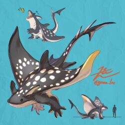 Rule 34 | = =, animal focus, black eyes, blue background, claws, closed eyes, fins, fish, fish tail, gills, head fins, highres, manta ray, monster, no humans, open mouth, original, silhouette, simple background, sitting, spikes, tail, yamamura le