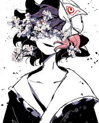 Rule 34 | 1girl, branch, cake mogo, cherry blossoms, collarbone, commentary, covered eyes, english commentary, flower, greyscale, hat, highres, japanese clothes, kimono, limited palette, mob cap, monochrome, open clothes, open mouth, petals, saigyouji yuyuko, short hair, simple background, smile, solo, spot color, touhou, triangular headpiece, upper body, wavy hair, white background, white flower