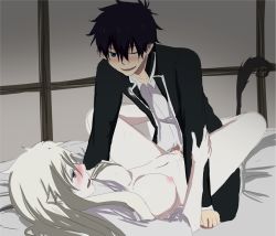 Rule 34 | 1girl, ao no exorcist, black hair, blue eyes, blush, breasts, clothed male nude female, clothed sex, clothes lift, couple, cum, legs up, nipples, nude, okumura rin, on bed, open mouth, school uniform, sex, shirt lift, short hair, smile, spread legs, tears, vaginal, white hair