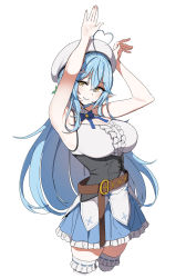 Rule 34 | 1girl, absurdres, ahoge, arms up, bare arms, belt, blouse, blue bow, blue bowtie, blue hair, blue skirt, blush, bow, bowtie, breasts, brown belt, corset, cowboy shot, detached sleeves, dickbomber, elf, frilled skirt, frilled thighhighs, frills, hair between eyes, half updo, hat, heart, heart ahoge, highres, hololive, large breasts, long hair, parted lips, pointy ears, rabbit pose, ribbon-trimmed legwear, ribbon trim, shirt, simple background, skirt, sleeveless, sleeveless shirt, smile, solo, thighhighs, very long hair, virtual youtuber, white background, white hat, white shirt, white thighhighs, yellow eyes, yukihana lamy