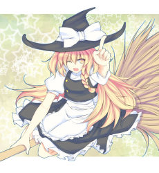 Rule 34 | 1girl, ;d, apron, bad id, bad pixiv id, blonde hair, braid, broom, broom riding, cat&#039;s hand, hat, kirisame marisa, long hair, nekonote (cats hand), one eye closed, open mouth, side braid, smile, star (symbol), starry background, touhou, wink, witch hat
