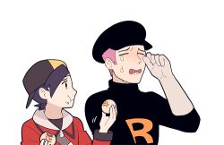 Rule 34 | 2boys, :t, backwards hat, baseball cap, black hair, black headwear, black jacket, closed eyes, commentary request, creatures (company), crying, eating, ethan (pokemon), food, food on face, game freak, gloves, hat, holding, jacket, jaho, logo, long sleeves, lowres, male focus, multiple boys, nintendo, open mouth, pink hair, pokemon, pokemon hgss, red jacket, short hair, strap, team rocket, team rocket grunt, team rocket uniform, tears, transparent background, zipper pull tab