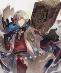 Rule 34 | 1boy, asuka r. kreutz, book, coat, detached cape, floating, floating book, floating object, gloves, green eyes, grimoire, guilty gear, layered clothes, looking at viewer, male focus, one eye covered, open book, parted lips, red robe, robe, solo, white coat, white hair, youmicitrustea