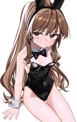 Rule 34 | 1girl, aisaka taiga, animal ears, bare shoulders, blush, bow, bowtie, breasts, brown eyes, brown hair, cleavage, detached collar, fake animal ears, frown, highres, leotard, long hair, looking at viewer, medium breasts, playboy bunny, rabbit ears, simple background, sitting, small breasts, solo, toradora!, white background, wokamiya, wrist cuffs