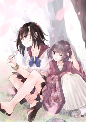 Rule 34 | 2girls, arrow (symbol), black hair, cherry blossoms, commentary request, dango, eating, floral print, flower, food, hair flower, hair ornament, hand on own head, highres, holding, japanese clothes, kijin seija, kimono, mimoto (aszxdfcv), multicolored hair, multiple girls, open mouth, purple eyes, purple hair, red eyes, red hair, sandals, short hair, side-by-side, sitting, skirt, smile, streaked hair, sukuna shinmyoumaru, touhou, tree, wagashi, white legwear, wristband