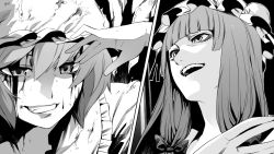 Rule 34 | 2girls, arm up, bad id, bad pixiv id, blood, blood on face, blood stain, female focus, greyscale, grin, hat, irohara mitabi, long hair, monochrome, monochrome, multiple girls, open mouth, patchouli knowledge, remilia scarlet, sharp teeth, short hair, smile, teeth, embodiment of scarlet devil, torn clothes, touhou