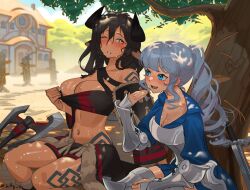 Rule 34 | 2girls, animal ears, armor, axe, battle axe, black horns, black tube top, blue dress, blue eyes, blue hair, blurry, blush, boots, braid, braided bangs, breasts, brown eyes, brown hair, chest armor, clothes pull, cow ears, cow horns, dark-skinned female, dark skin, depth of field, detached sleeves, dress, fanning self, feet out of frame, final fantasy, final fantasy xiv, full-face blush, fur boots, greaves, horns, large breasts, long hair, mu ren zhuang, multiple girls, on bench, one eye closed, ponytail, pulling own clothes, short shorts, shorts, signature, single shoulder pad, sitting, strapless, sweat, sweatdrop, sword, tattoo, teeth, tree, tree shade, tube top, tube top pull, upper teeth only, vambraces, violet sears, weapon