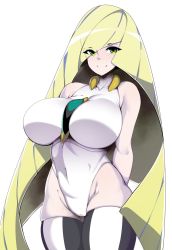 Rule 34 | 1girl, alternate breast size, arms behind back, bad id, bad twitter id, blonde hair, breasts, cameltoe, closed mouth, covered navel, creatures (company), eyes visible through hair, game freak, green eyes, hair over one eye, highres, huge breasts, leotard, long hair, looking at viewer, lusamine (pokemon), nintendo, pokemon, pokemon sm, simple background, sleeveless, slugbox, smile, solo, thighhighs, very long hair, white background, white leotard
