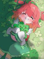 Rule 34 | absurdres, ahoge, closed eyes, clover, coin, coin hair ornament, four-leaf clover, fuyo cloverfield, gold coin, green ribbon, green skirt, hair ornament, highres, idol corp, leprechaun, long sleeves, lying, navel, notkuriimu, pointy ears, red hair, ribbon, skirt, smile, socks, sparkling eyes, striped clothes, striped socks, twintails, virtual youtuber