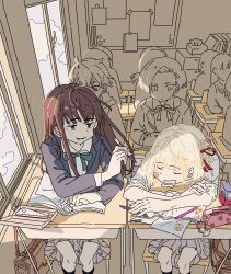 Rule 34 | 6+girls, black hair, blonde hair, blue jacket, book, charm (object), chinese commentary, classroom, closed eyes, cloud, collared shirt, commentary request, desk, drawing on another&#039;s face, drooling, eraser, grey skirt, hair ribbon, harukawa fuki, highres, holding, holding pen, indoors, inoue takina, jacket, long hair, lycoris recoil, medium hair, multiple girls, neck ribbon, nishikigi chisato, otome sakura, parted lips, pen, pencil case, pleated skirt, purple eyes, red ribbon, ribbon, school desk, school uniform, shirt, skirt, sleeping, sleeves rolled up, smile, uud45gaotrcvkfg, white shirt